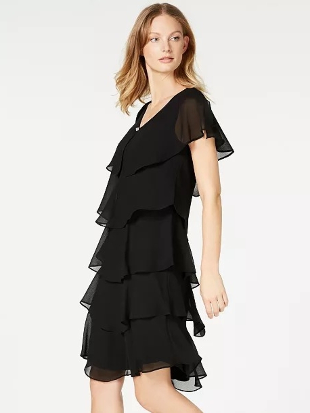 SLNY Black Women's Tiered Rhinestone Capelet Dress. Size 16.